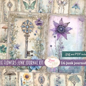 Pixie Purple Junk Journal Kit, Fantasy Collage Printables met feeën, vlinders en bloemen, digitaal plakboekpapier, fairy art journal