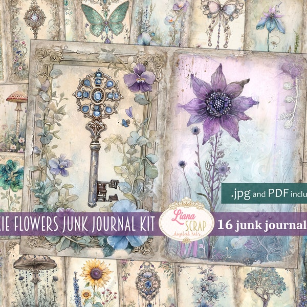 Pixie Purple Junk Journal Kit, Fantasy Collage Printables avec fées, papillons et fleurs, papier scrapbook numérique, journal d’art féerique