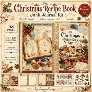 Druckbares Junk-Journal-Set: Das Weihnachtsrezeptbuch, 58 Seiten mit Vintage-Backrezepten