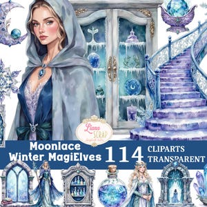 May include: Watercolor clipart set featuring a woman in a blue hooded cloak, a staircase, and other winter-themed elements. The text reads "Moonlace Winter MagiElves 114 Cliparts Transparent PNG". The color palette includes shades of blue, purple, and white.