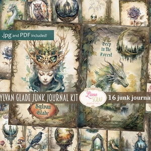 Kit de diario basura de Sylvan Glade, imprimibles de collage de fantasía, kit de fantasía, papel de diario basura del bosque oscuro, papel de brujas y dragones