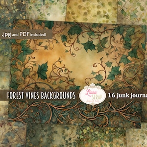 Fondo del diario basura digital de Forest Vines, collage del bosque imprimible, diario basura digital, papel del diario de la naturaleza, fondo del bosque
