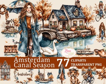 Amsterdamkanalen Akvarell Clipart – Höstsäsong, 77 PNG-grafik (Digital Planner)