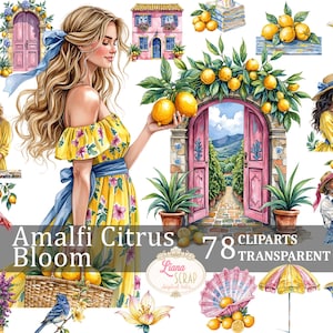 Ensemble de 78 cliparts Amalfi Citrus Bloom - illustrations de citron, motif floral, été italien, PNG transparent, papier numérique, agenda autocollants