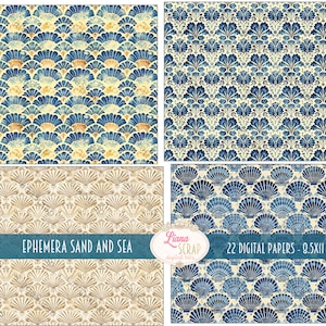 May include: Four digital papers with repeating patterns in shades of blue, gold, and beige. The patterns include stylized shells and floral designs. The text "Ephemera Sand and Sea" and "22 Digital Papers - 8.5x11 inches" are visible.