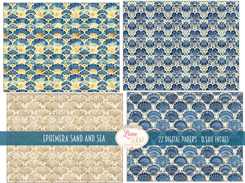 May include: Four digital papers with repeating patterns in shades of blue, gold, and beige. The patterns include stylized shells and floral designs. The text "Ephemera Sand and Sea" and "22 Digital Papers - 8.5x11 inches" are visible.