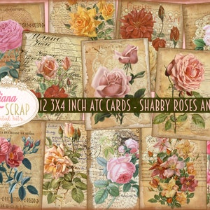 Shabby Roses en Lace 3x4 inch ATC-kaarten, 2 pagina's met digitale afdrukbare vellen, 12 natuurafdrukbare kaarten voor ongewenste tijdschriften