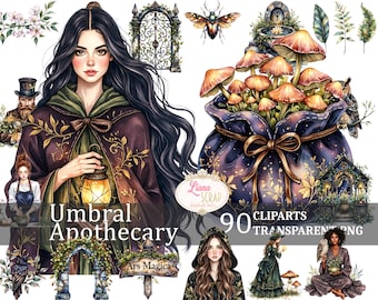 May include: A digital illustration set of 90 clipart images featuring a whimsical, magical theme. The set includes a woman in a dark green and brown cloak, a bag of mushrooms, a small house, a raven, and a variety of other magical elements. The text "Umbral Apothecary" and "Ars Magica" are included in the image.