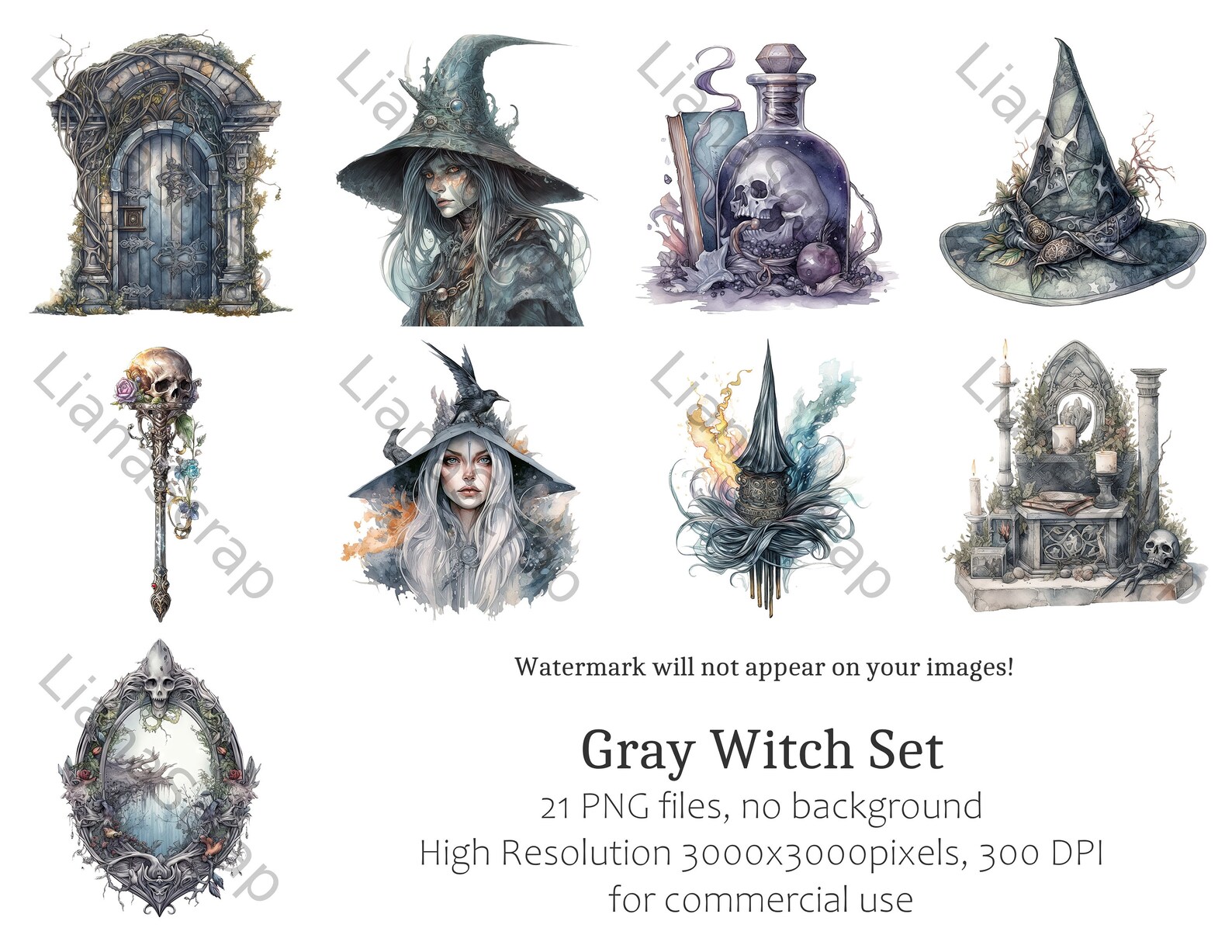 Gray Witch Clipart PNG Set 21 Witch Clipart Commercial Use - Etsy