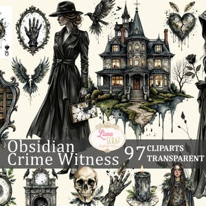 Obsidian Crime Witness 97 Clipart Set - Dark Academia, gothique PNG, Witchcore, autocollants de planificateur numérique, fond graphique Transparent