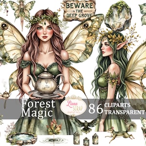 Forest Magic 86 Digital Clipart Set fées animaux de la forêt PNG Transparent Fantasy Illustration, clipart planificateur, autocollants numériques fantasy