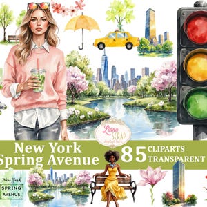 Può includere: Set di clip art ad acquerello con scene di New York City, tra cui una donna, un taxi giallo, un semaforo e un paesaggio urbano. Il testo "New York Spring Avenue" è visualizzato. Include 85 immagini PNG trasparenti.