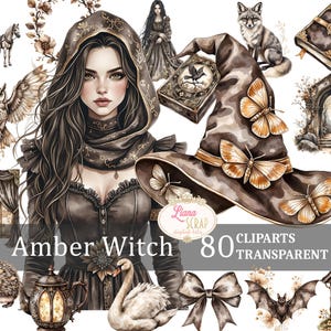 Sorcière ambre 80 ensemble de cliparts numériques Illustrations PNG pour la conception et le scrapbooking, sorcellerie, squelette, spectral, gothique, Halloween