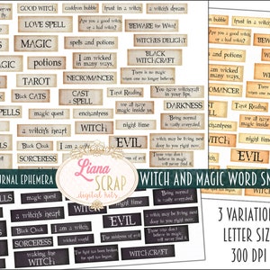 Heks en Magie woordfragmenten, ephemera van digitale junk journals, digitale woordstickers voor junk journals, Junk Journal Paper