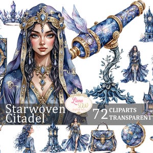 Stargewebte Zitadelle 72 Clipart-Set Transparente PNG Digital Art Himmlische Fantasy Sticker Aquarell Illustrationen Gothic Design