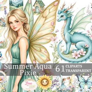 Może przedstawiać: Zestaw 61 cyfrowych obrazów clipart z fantazyjnym motywem letnim. Obrazy przedstawiają wróżkę z akwamarynowymi skrzydłami, niebieskiego smoka, pawia, jednorożca i motyla. Obrazy idealnie nadają się do scrapbookingu, tworzenia kartek i innych projektów kreatywnych.