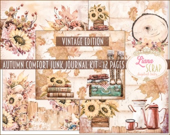 May include: A digital junk journal kit with a vintage autumn theme. The kit includes 12 pages with images of sunflowers, leaves, books, boots, and other fall elements. The text "Autumn Comfort Junk Journal Kit - 12 Pages" and "Vintage Edition" is visible on the image.