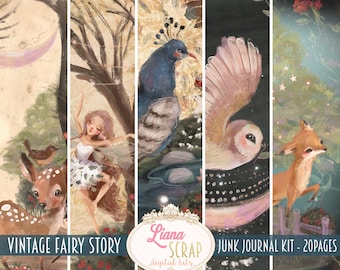 Vintage Fairy Tale Junk Journal Kit, afdrukbare collagevellen (digitale download)