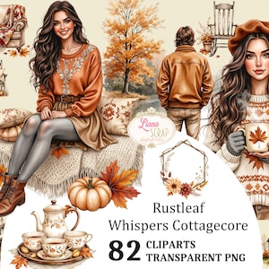 Puede incluir: Arte digital con una colección de imágenes prediseñadas con temática otoñal. La imagen incluye ilustraciones de personas, calabazas, hojas de otoño, tazas de té y suéteres acogedores. También se ve el texto "Rustleaf Whispers Cottagecore" y "82 Cliparts Transparent PNG".