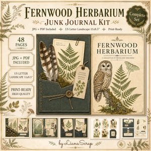 Op de afbeelding: Een Fernwood Herbarium junk journal kit met 48 pagina's in JPG- en PDF-formaat. De kit bevat bos-thema ontwerpen met uilen, varens, motten en veren, opgemaakt voor US Letter liggend formaat van 27,9x21,6 cm, printklaar en van hoge kwaliteit.