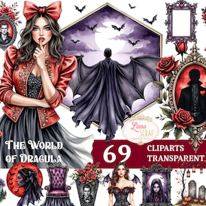 May include: Digital clipart set with a gothic theme. Includes illustrations of a woman in a red jacket, portraits, bats, roses, and a castle. The text reads "The World of Dracula" and "69 Cliparts Transparent PNG".