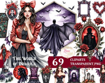May include: Digital clipart set with a gothic theme. Includes illustrations of a woman in a red jacket, portraits, bats, roses, and a castle. The text reads "The World of Dracula" and "69 Cliparts Transparent PNG".