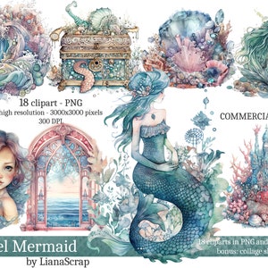 Pastel Mermaid Clipart PNG Set, 18 mermaid clipart, commercial use clip art, watercolor illustrations, PNG underwater mermaid theme