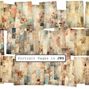 Op de afbeelding: Een digitale collage van 24 vintage-stijl scrapbookpagina's met bloemmotieven en texturen. De pagina's zijn in portretori&euml;ntatie en hebben een verweerde, verouderde uitstraling. De tekst "Portrait Pages in JPG" is zichtbaar onderaan de afbeelding.