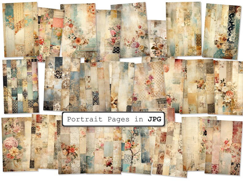 Op de afbeelding: Een digitale collage van 24 vintage-stijl scrapbookpagina's met bloemmotieven en texturen. De pagina's zijn in portretori&euml;ntatie en hebben een verweerde, verouderde uitstraling. De tekst "Portrait Pages in JPG" is zichtbaar onderaan de afbeelding.