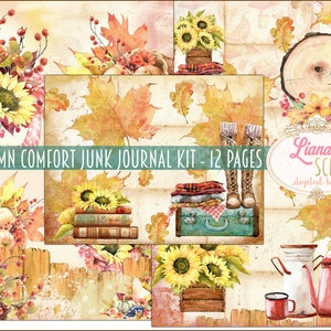 Kit digitale stampabile Autumn Comfort Junk Journal, fogli di collage digitale di girasoli e fiori autunnali, diario spazzatura autunnale