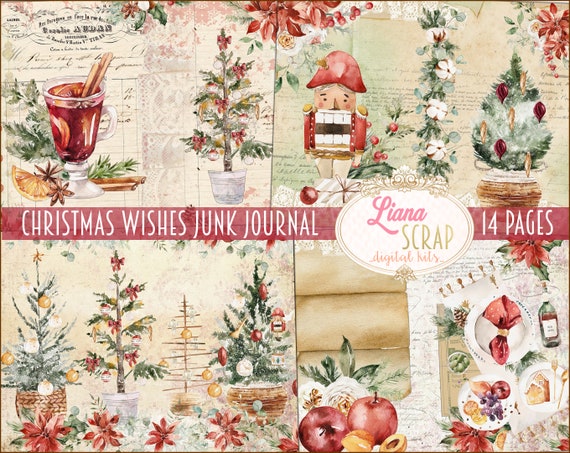 Christmas Wishes Junk Journal Kit, Winter Collage Printables