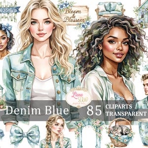 Ensemble de 85 cliparts numériques bleu denim - PNG floral printanier - Fashion People - fond Transparent - Scrapbooking & Design, autocollants pour agenda