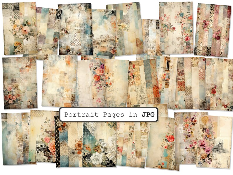 Op de afbeelding: Een set van 20 digitale papierachtergronden in vintage stijl met bloemenpatronen, texturen en verbleekte kleuren. De papieren zijn perfect voor scrapbooking, kaartmaken en andere knutselprojecten.