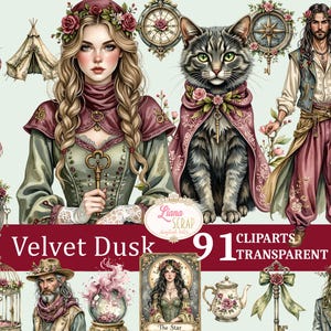 Velvet Dusk 91 Clipart Set - Vintage Portraits, Floral Elements, Keys, Dreamcatchers - Digital Art, PNG for Planners, Scrapbooking, Crafts