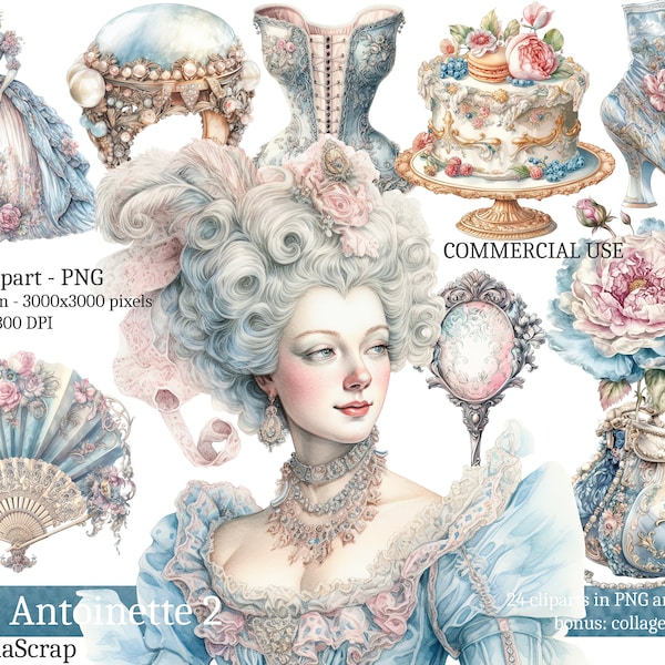 Marie Antoinette Set 2 - Clipart PNG Set, 24 vintage fashion clipart, commercial use clip art, watercolor, Marie Antoinette illustrations