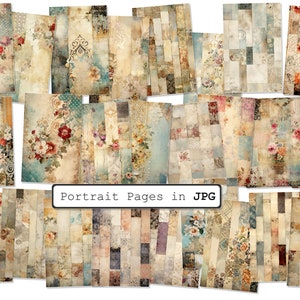 Op de afbeelding: Een set van 20 digitale papierachtergronden in vintage patchwork-stijl met bloemenpatronen in tinten blauw, roze en beige.