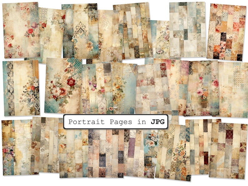 Op de afbeelding: Een set van 20 digitale papierachtergronden in vintage patchwork-stijl met bloemenpatronen in tinten blauw, roze en beige.