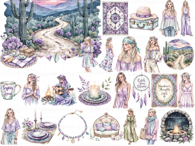 Bohemian Endeavors 90 Digital Clipart Set PNG Boho Fashion Desert Graphics, boho planner designs image 2