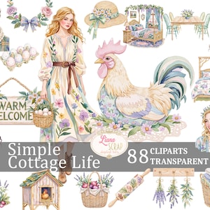 Ensemble simple de cliparts PNG vie au chalet 88 - graphismes de ferme pour agendas numériques, scrapbooking, conceptions Cottagecore
