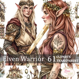Clipart Elvenstrijder - digitale fantasiekunst - aquarel elfillustraties - boselfen - 61 afbeeldingen