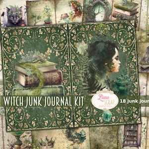 Green Witch Junk Journal Kit, Spell Book Witch Collage Printables, Fantasy Kit, Heksen en Natuur Junk Journal Paper