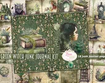 May include: Green witch junk journal kit with 18 pages featuring a witch, books, herbs, and other magical elements. The kit is perfect for creating a unique and personalized journal.