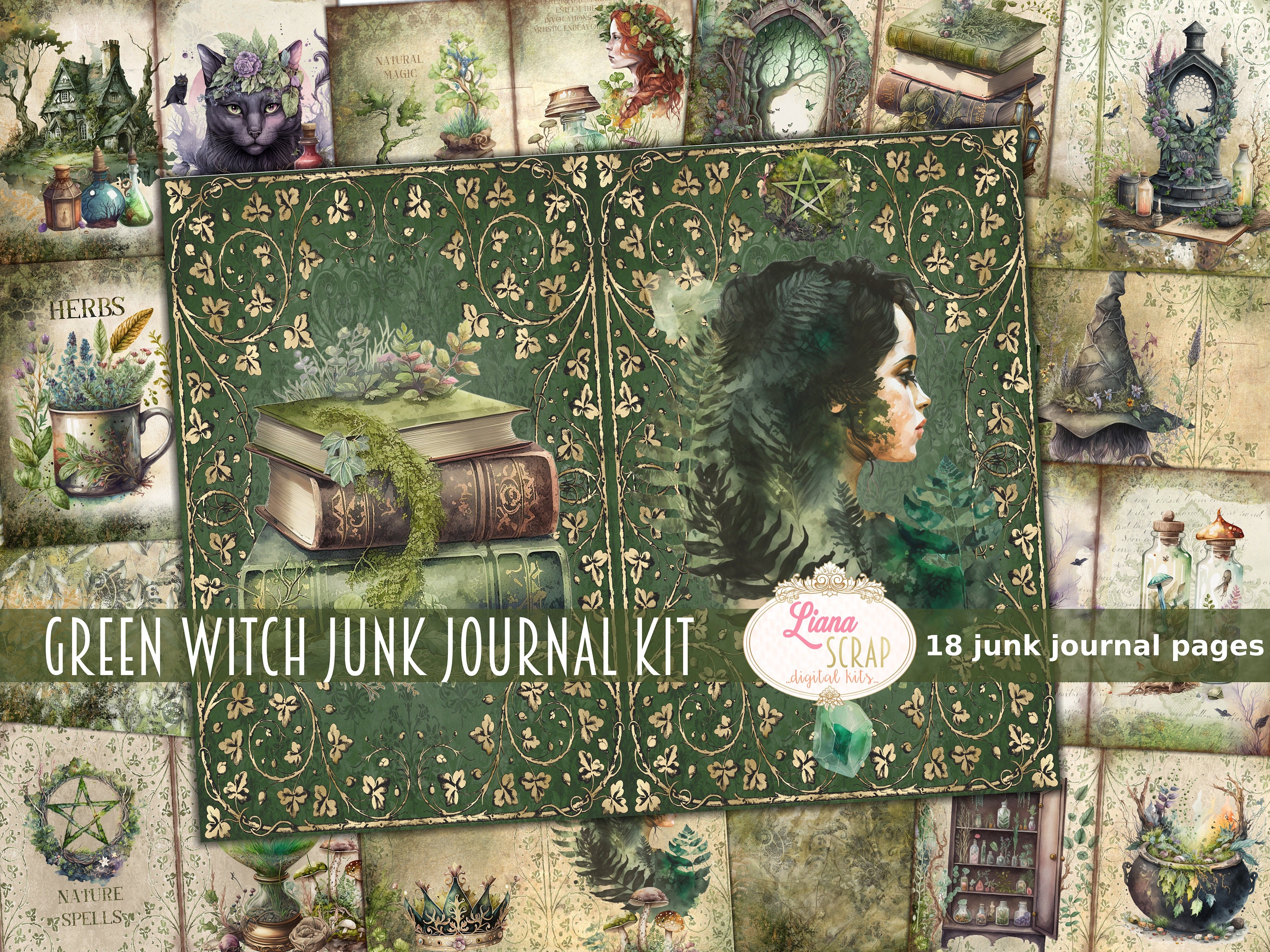 Green Witch Junk Journal Kit, Spell Book Witch Collage Printables