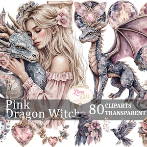 Set di 80 clipart digitali di "Strega Drago Rosa", Draghi Stregoni, PNG trasparenti, Arte Fantasy, Scrapbooking, Disegni Mistici