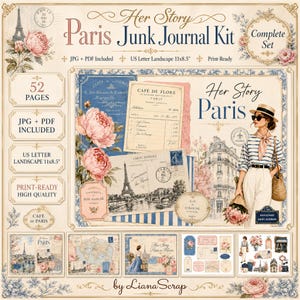 Può includere: Un kit digitale per junk journal intitolato Her Story Paris con 52 pagine in formato orizzontale 27,9x21,6 cm. Il kit include grafiche in stile vintage della Torre Eiffel, peonie, ricevute di caffè francesi, cartoline e una persona a righe.