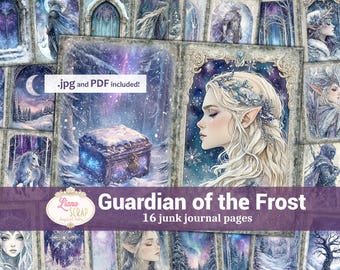 May include: A digital collage sheet with 16 pages featuring a wintery theme. The pages include images of a snowy forest, a chest with a snowflake design, a woman with long white hair, and a magical portal. The text "Guardian of the Frost" and "16 junk journal pages" is included on the sheet.