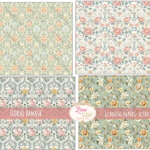 May include: A set of four digital papers featuring floral damask patterns. The papers are in shades of green, pink, and yellow. The text "Floral Damask" and "32 Digital Papers - 0.5x11 inches" is visible in the image.