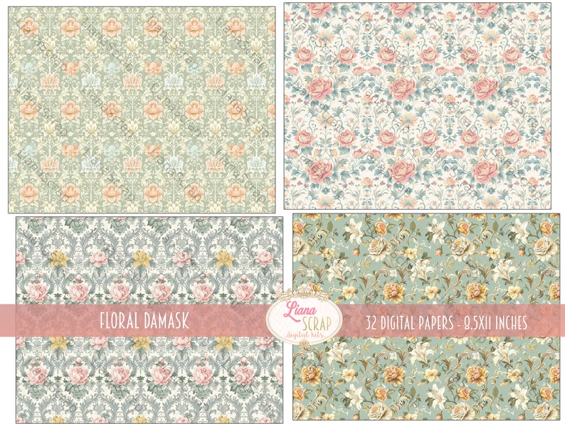 May include: A set of four digital papers featuring floral damask patterns. The papers are in shades of green, pink, and yellow. The text "Floral Damask" and "32 Digital Papers - 0.5x11 inches" is visible in the image.