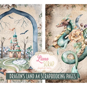 Puede incluir: Dos p&aacute;ginas de scrapbooking digitales con una ilustraci&oacute;n de acuarela de un castillo en un bosque y un drag&oacute;n con flores. Las p&aacute;ginas est&aacute;n dise&ntilde;adas con una est&eacute;tica vintage y tienen un texto superpuesto que dice "Dragon's Land A4 Scrapbooking Pages".