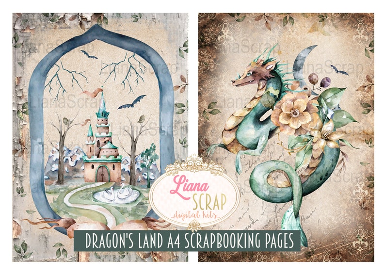 Puede incluir: Dos p&aacute;ginas de scrapbooking digitales con una ilustraci&oacute;n de acuarela de un castillo en un bosque y un drag&oacute;n con flores. Las p&aacute;ginas est&aacute;n dise&ntilde;adas con una est&eacute;tica vintage y tienen un texto superpuesto que dice "Dragon's Land A4 Scrapbooking Pages".